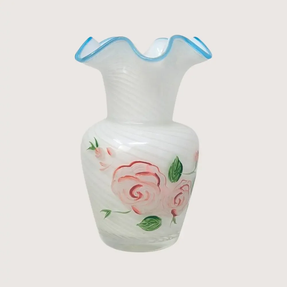 1970s Fenton White Swirl Glass Painted Rose Vase